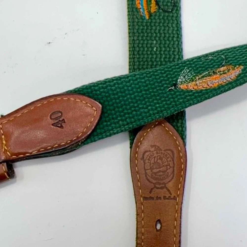 Smathers & Branson Needlepoint Belt Size 40 Green Fishing Lure Leather Canvas